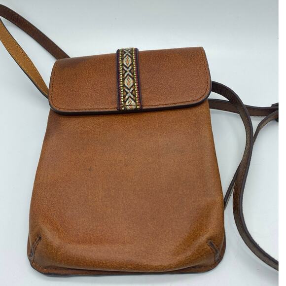Most Wanted USA,Tan Genuine Leather Crossbody Phone Bag‎ southwest embroidered. - Picture 1 of 9